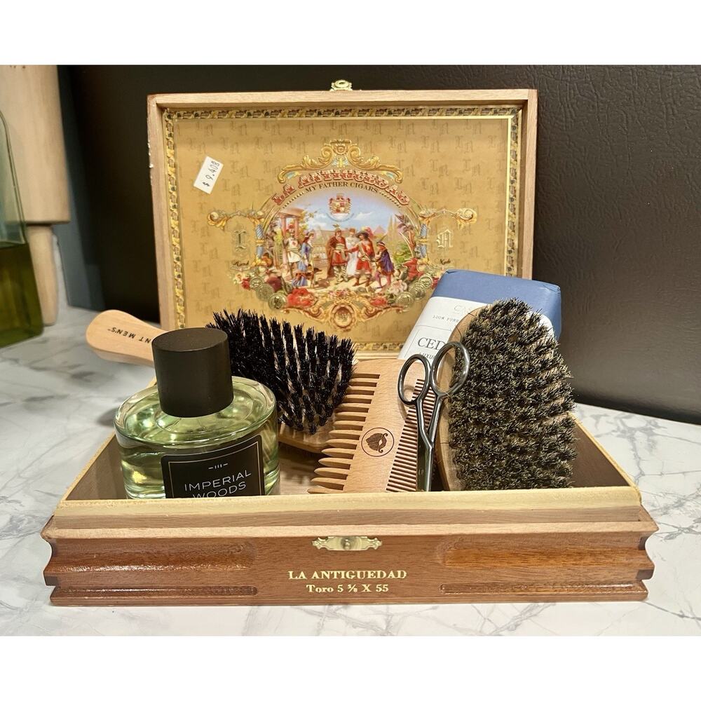 Fathers Day Gift  Wood Cigar Box With Cologne, Soap, Hairbrush, Beard Grooming
